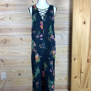 Lovestitch Maxi Dress Womens Medium Navy Floral Lace Up Dark Boho